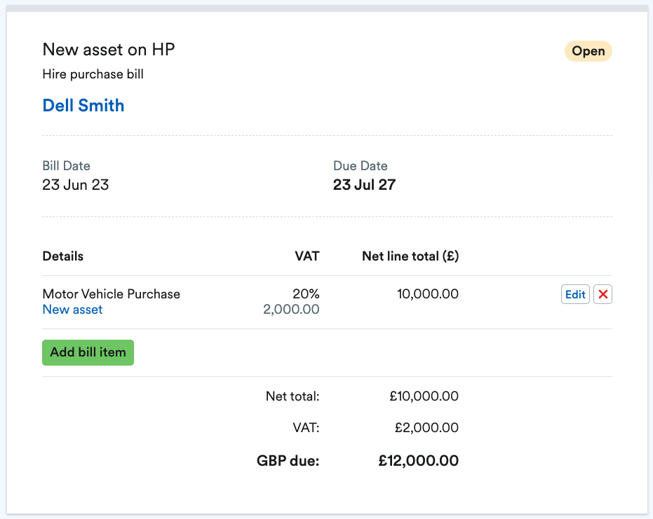Bill for purchase of new asset