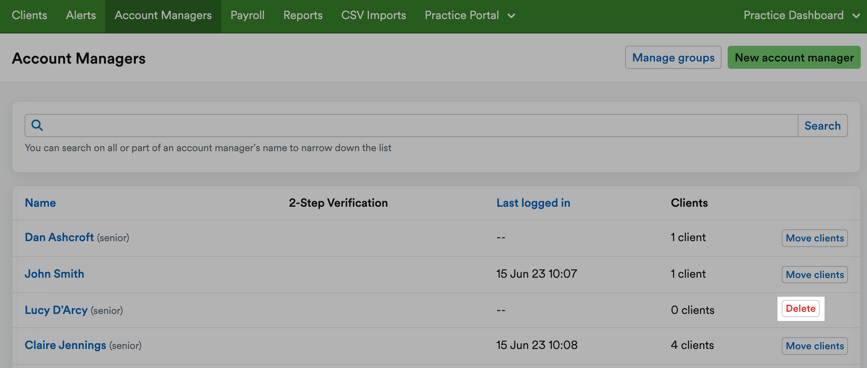 Delete button next to an account manager highlighted