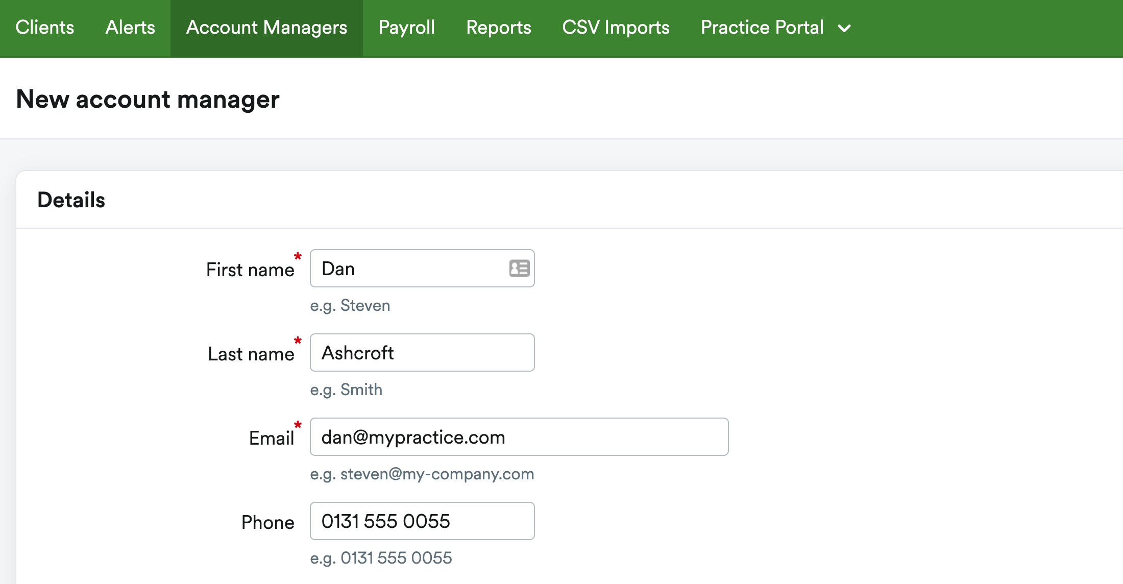 New account manager details section