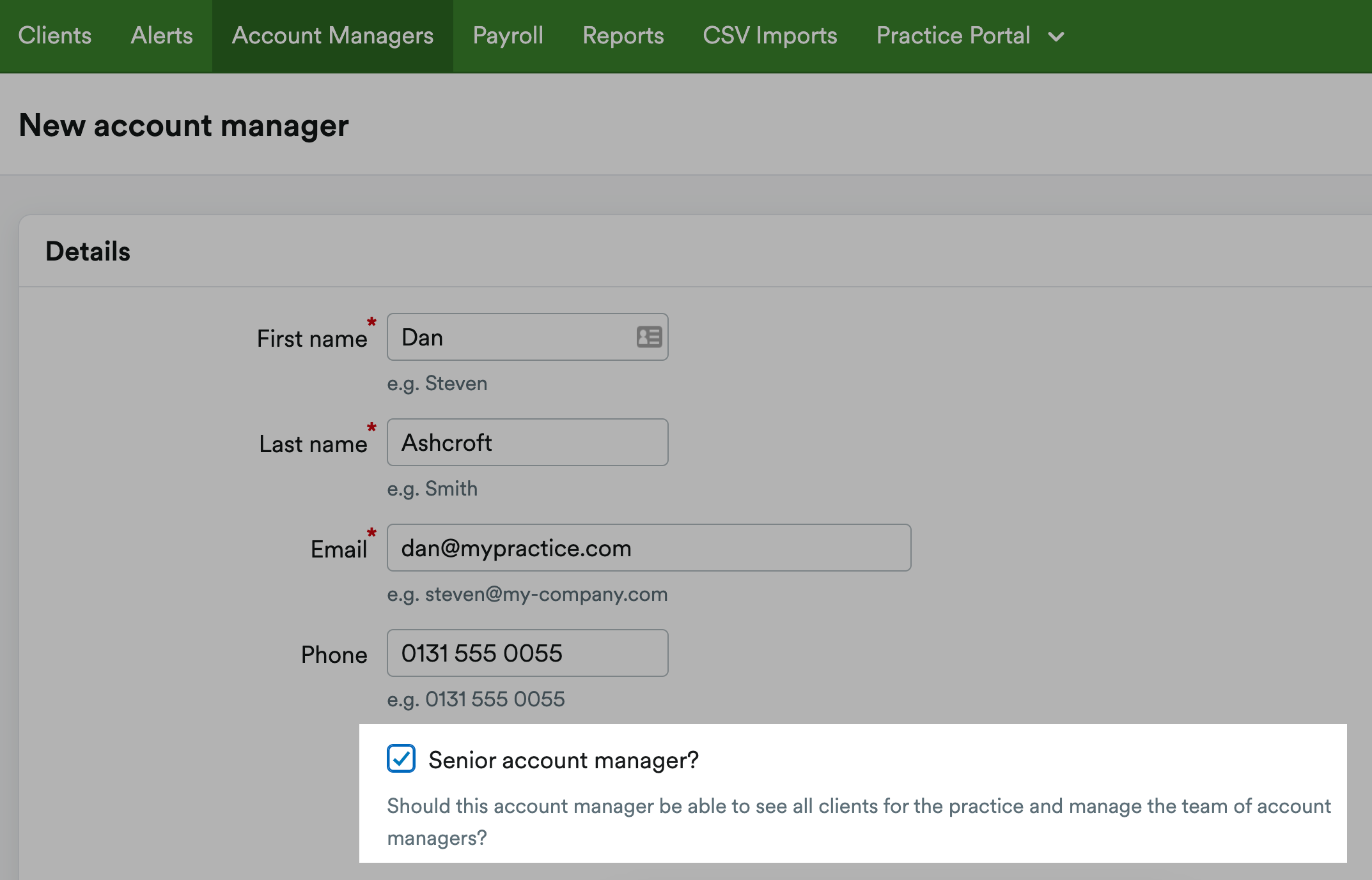 Checkbox to make the account manager a senior account manager highlighted