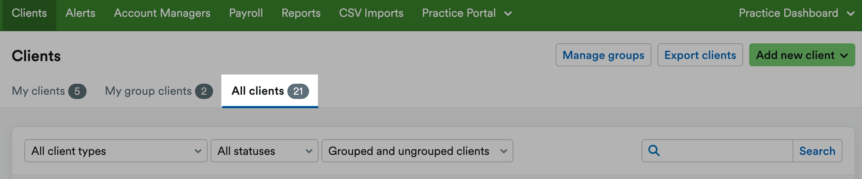 All clients tab highlighted in Clients area