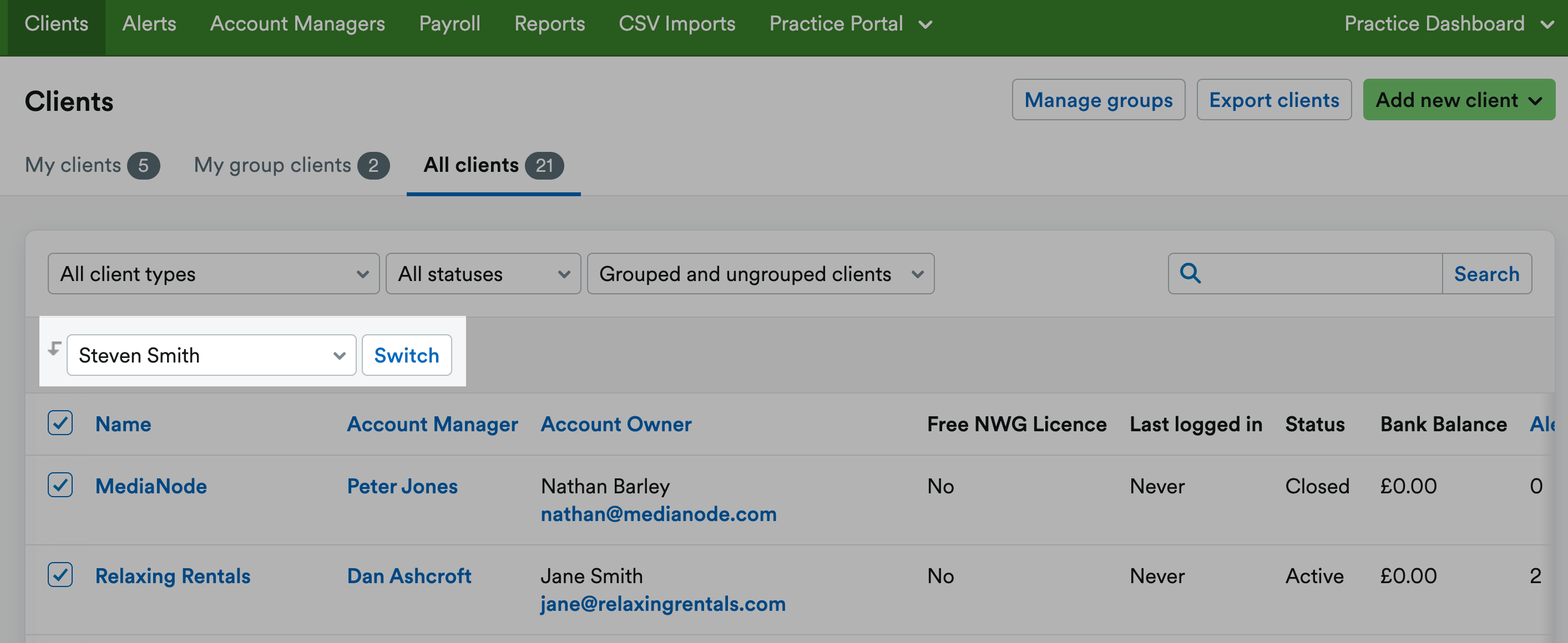 Account manager selection highlighted
