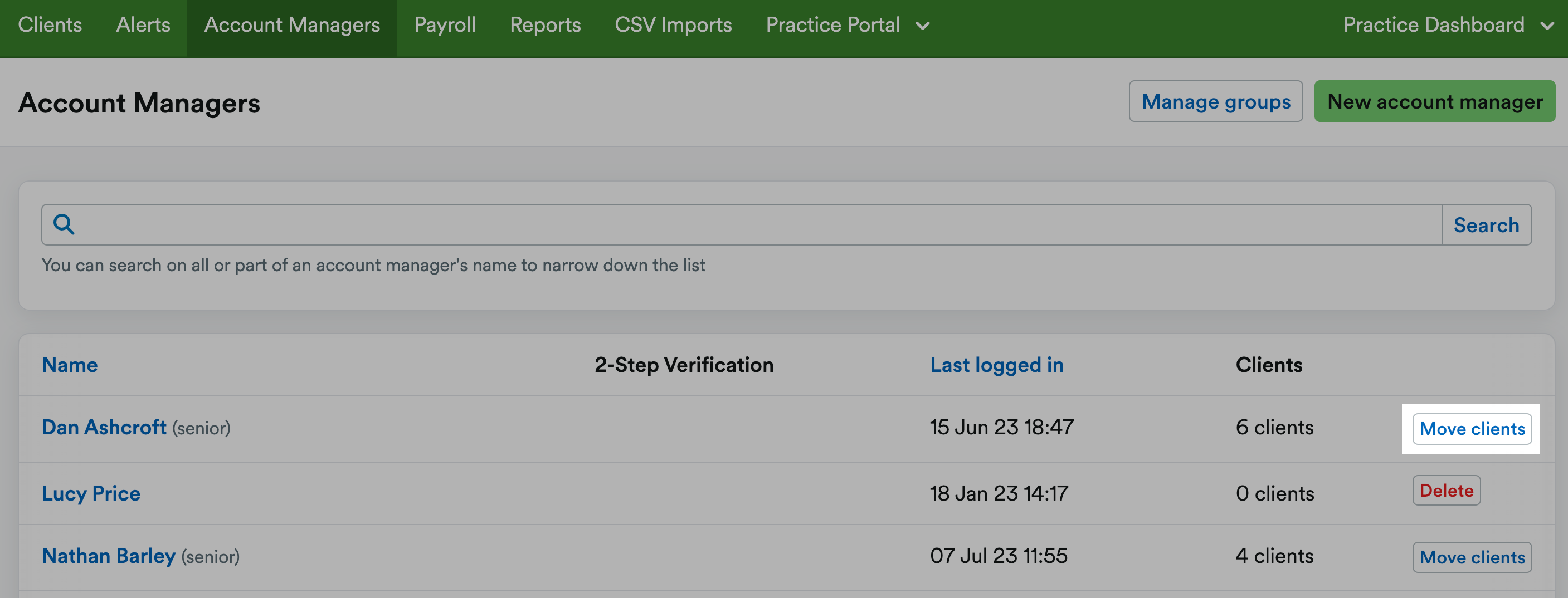 Move clients button highlighted