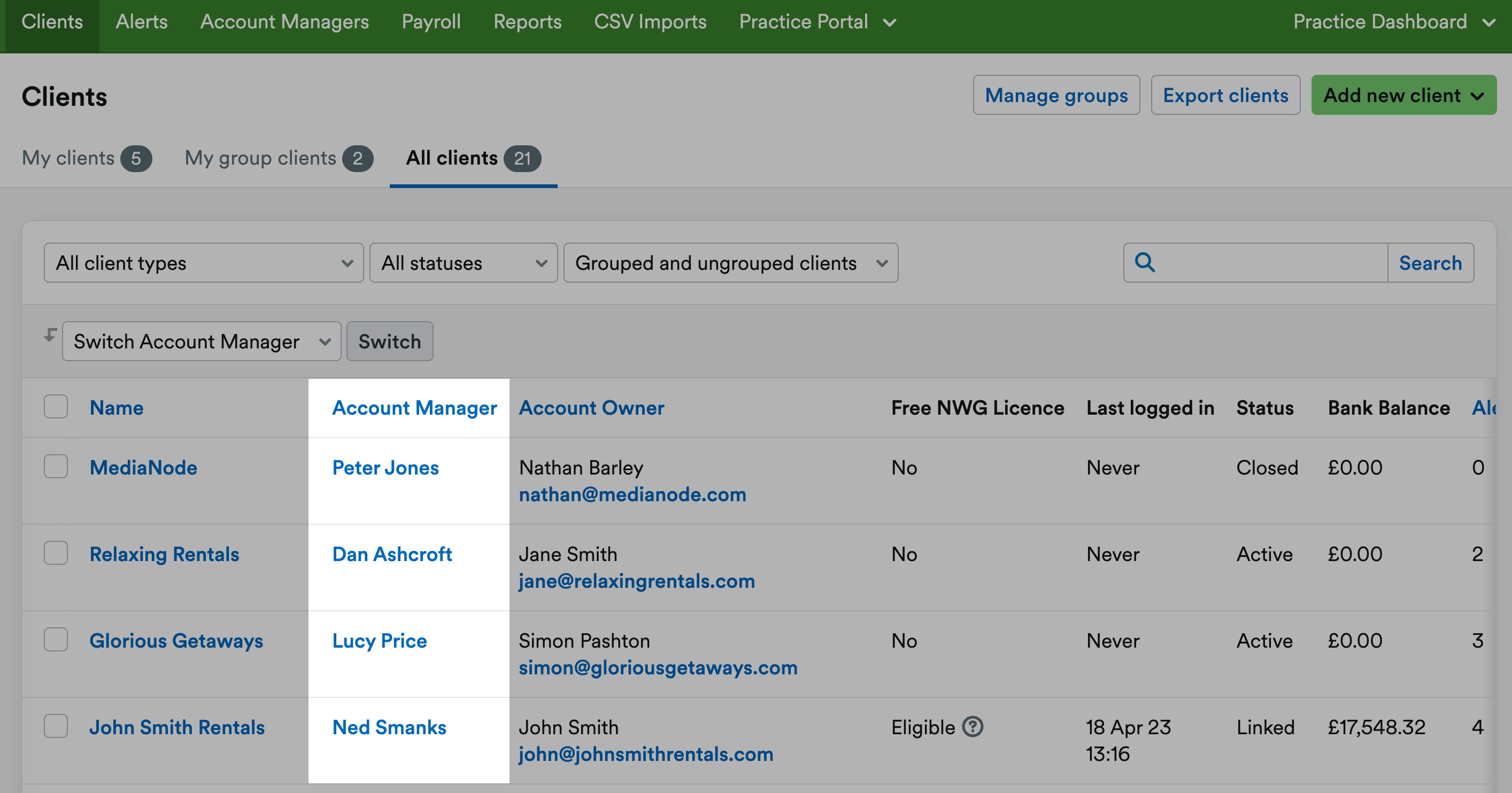 List of account managers highlighted