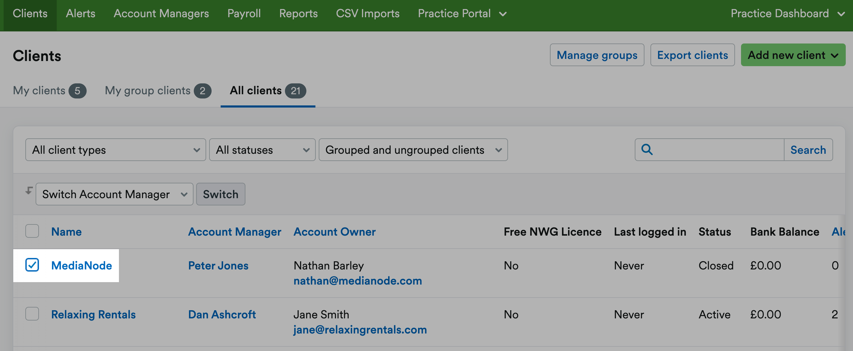 Checkbox next to client ticked and highlighted