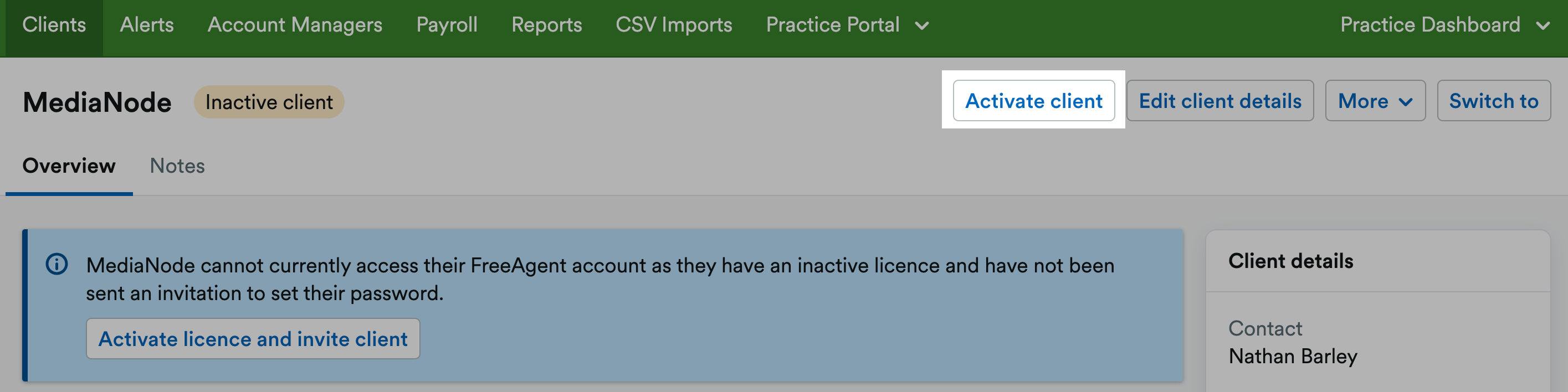 Activate client button highlighted