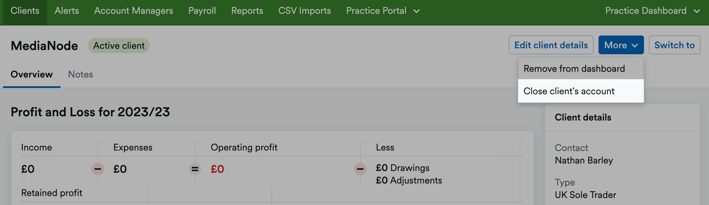 Close clients account option highlighted within More drop-down menu