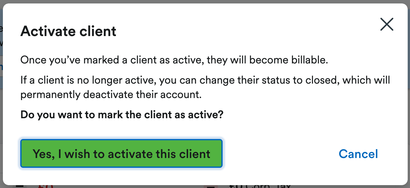 Activate client confirmation modal