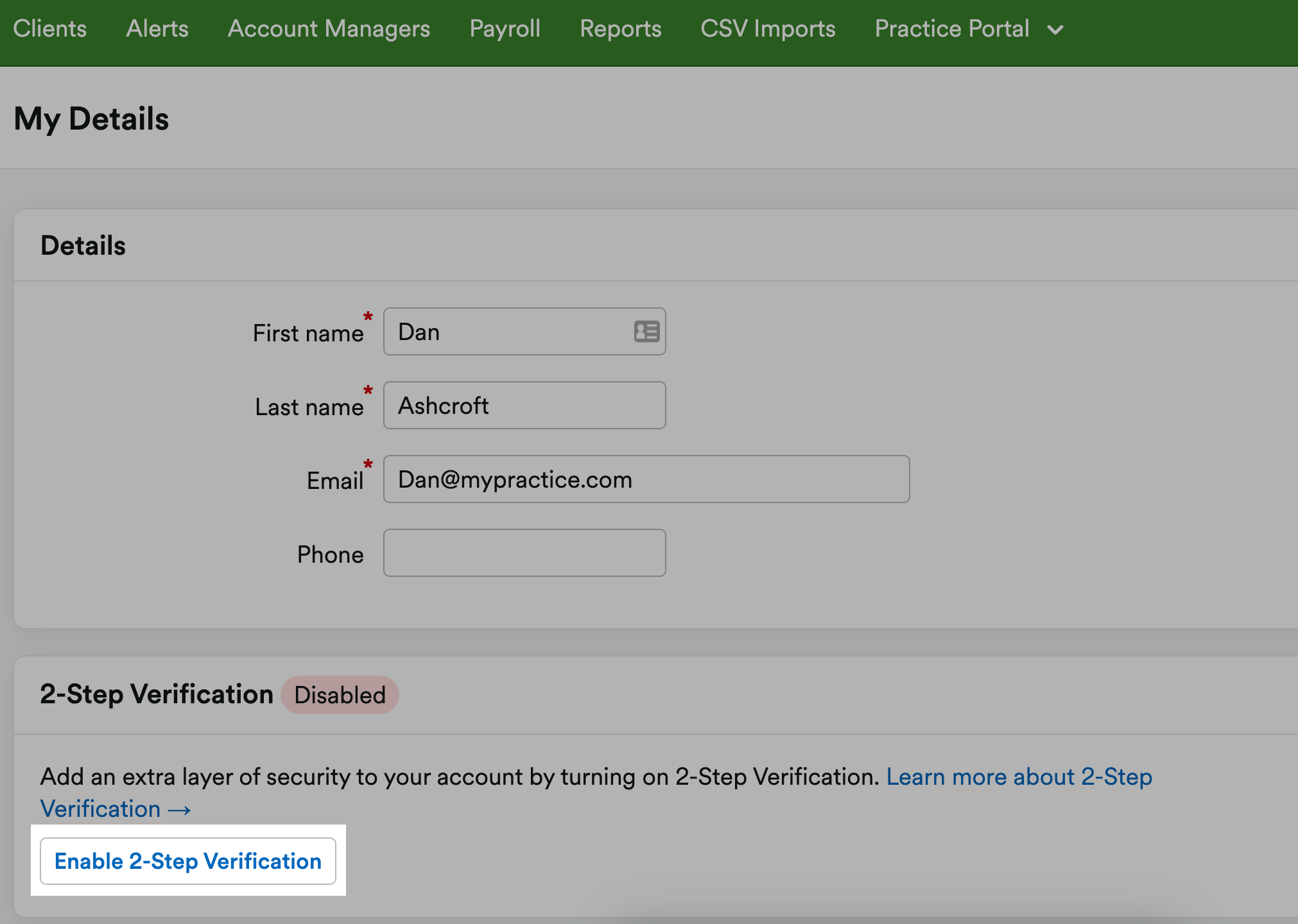 enable 2-step verification button highlighted in My details page