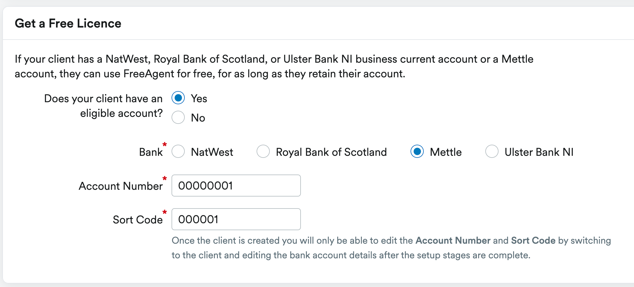 free license section with mettle bank details entered