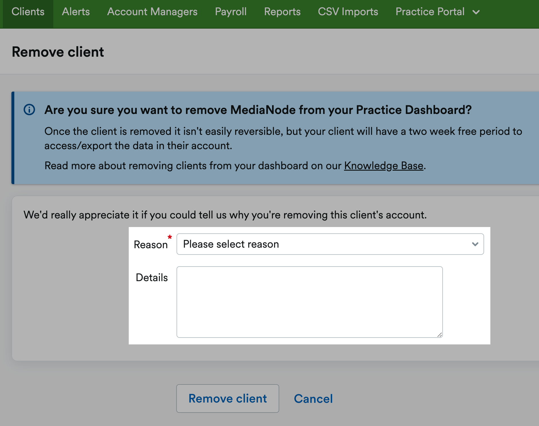 Remove client screen with Reason and details fields highlighted
