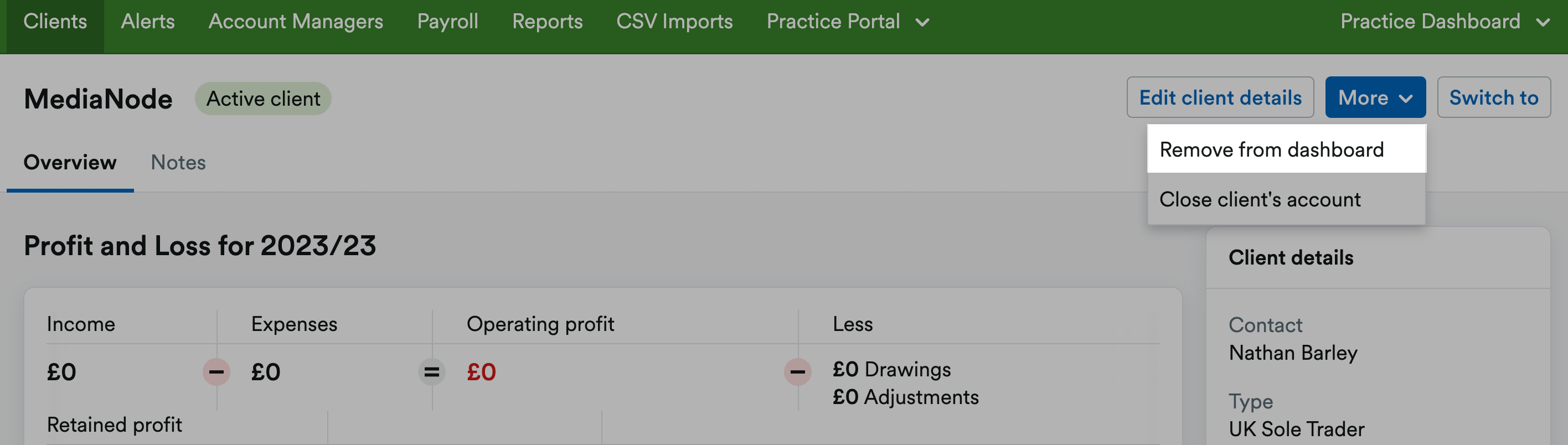 Client page with remove from dashboard option highlighted within More drop-down menu