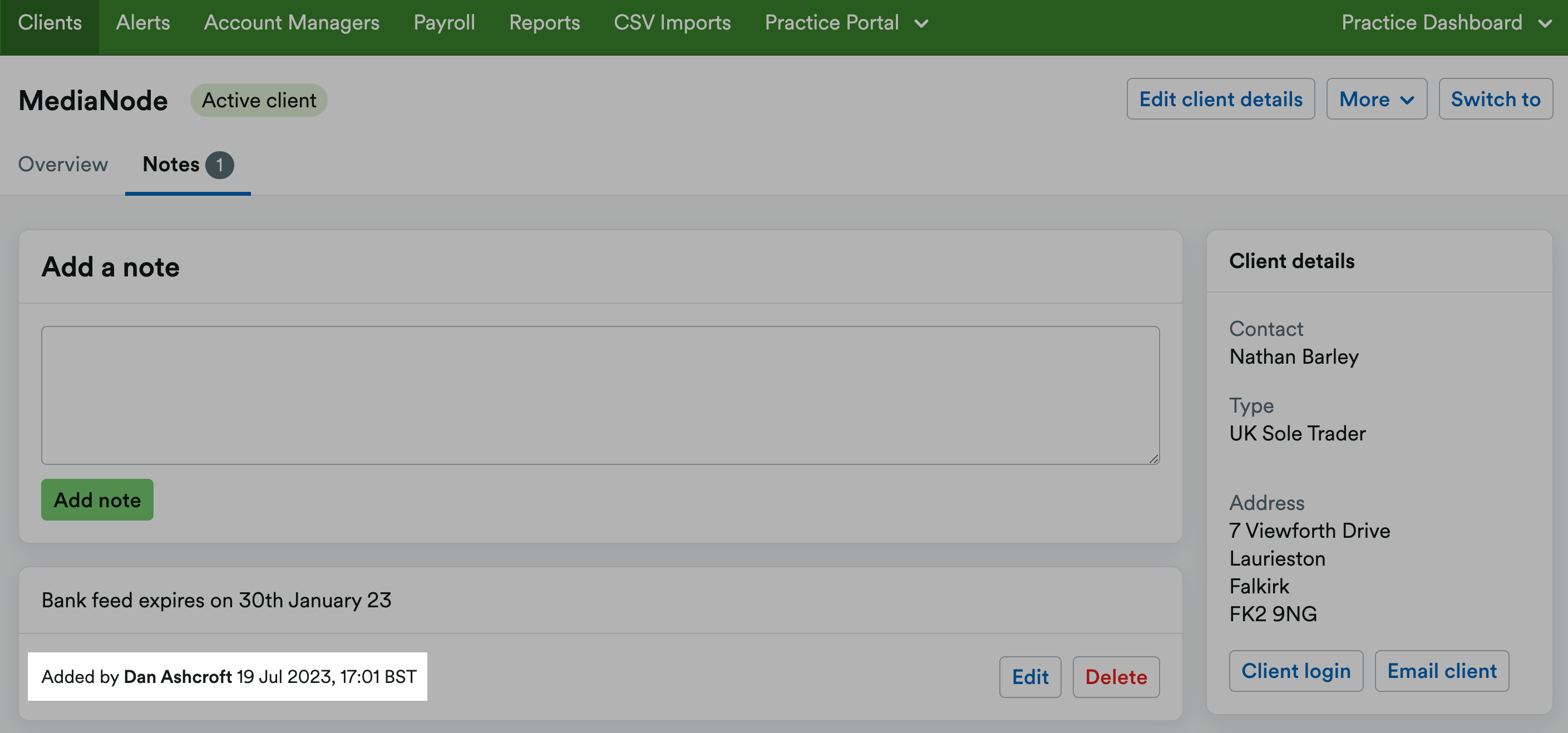 Record of note being added highlighted