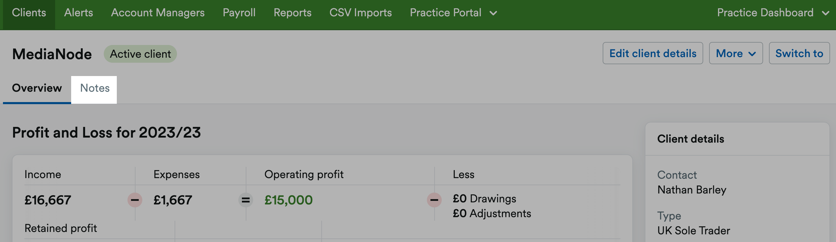 Notes tab highlighted within a client's profile