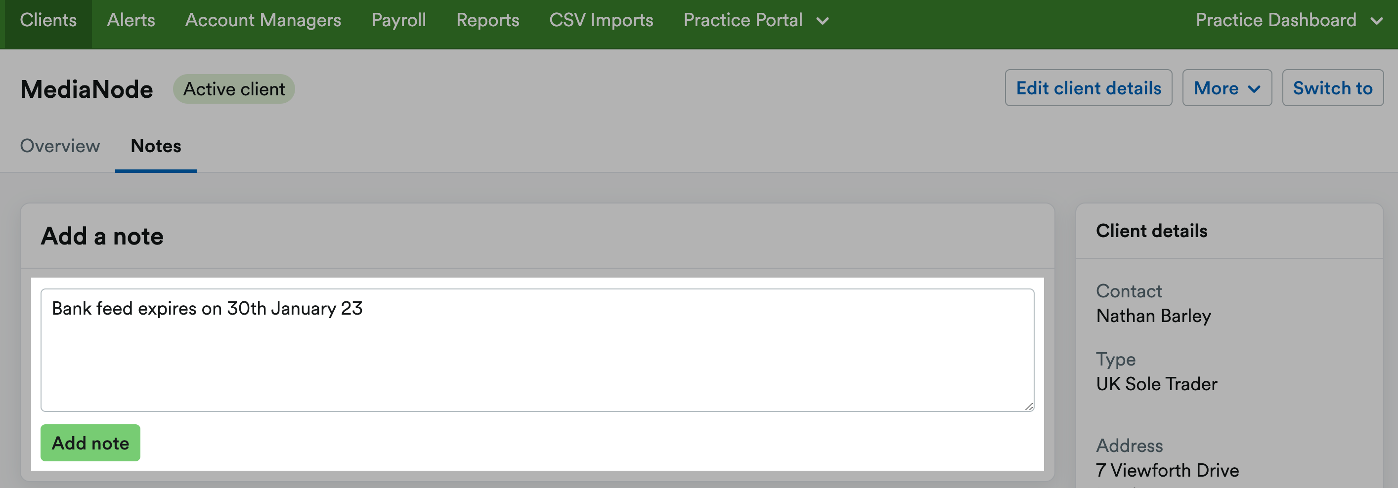 Field to enter note and add note button highlighted