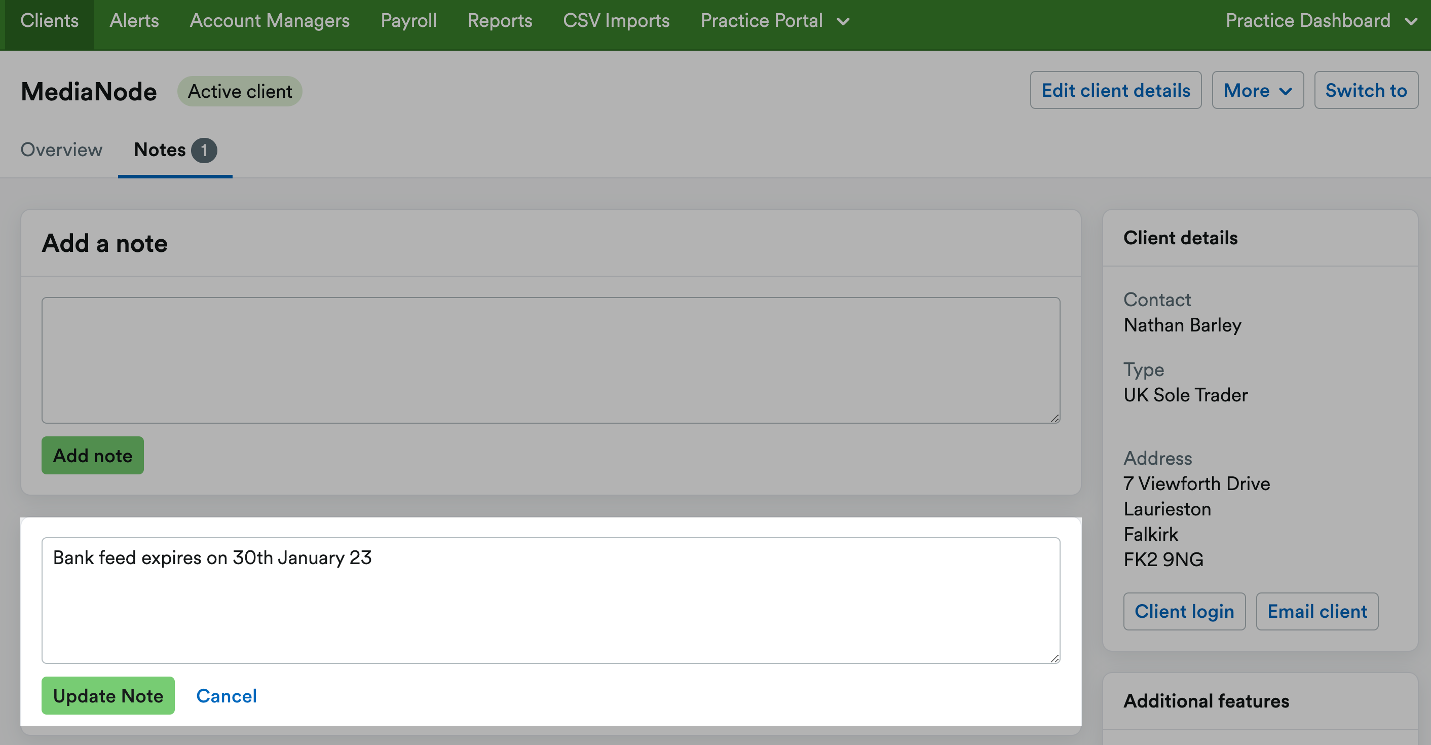 Field to update note and update note button highlighted