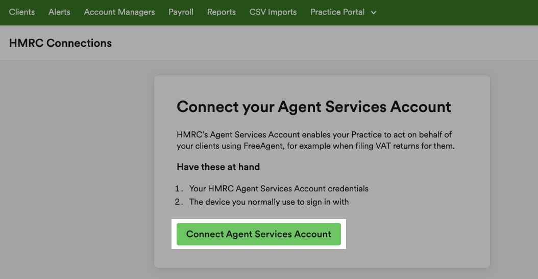 Connect Agent Services Account button highlighted