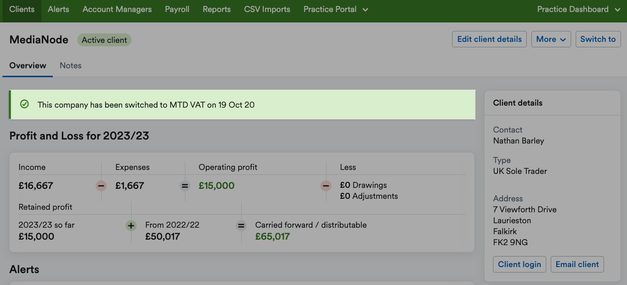 Banner confirming client has been switched to MTD for VAT filing