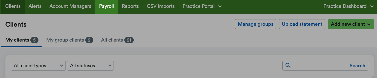 Payroll tab highlighted at top of dashboard.