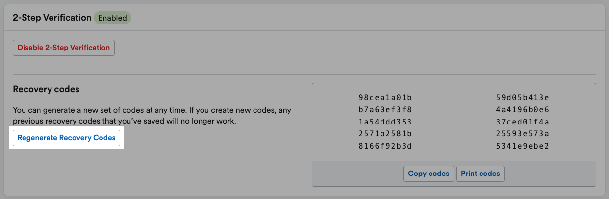 Regenerate recovery codes highlighted
