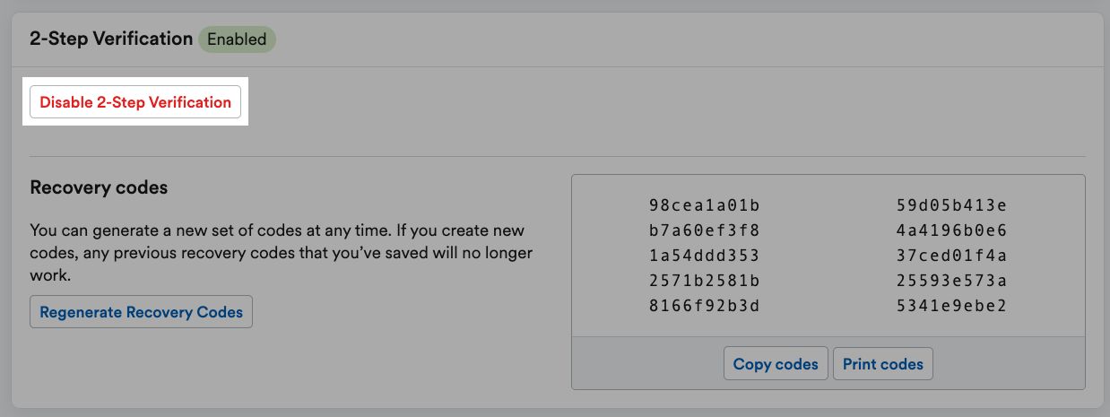 Disable 2-step verification button highlighted