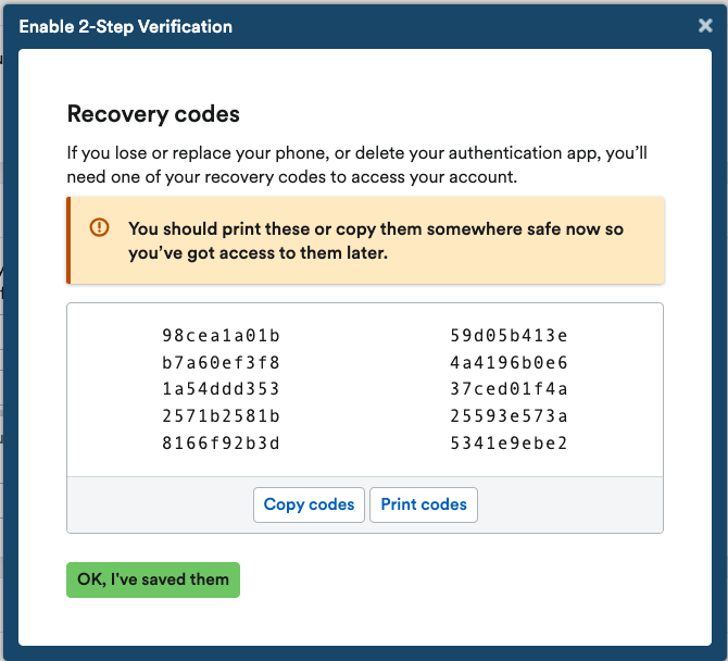 List of recovery codes