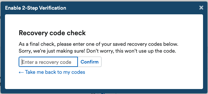 pop-up asking for a recovery code