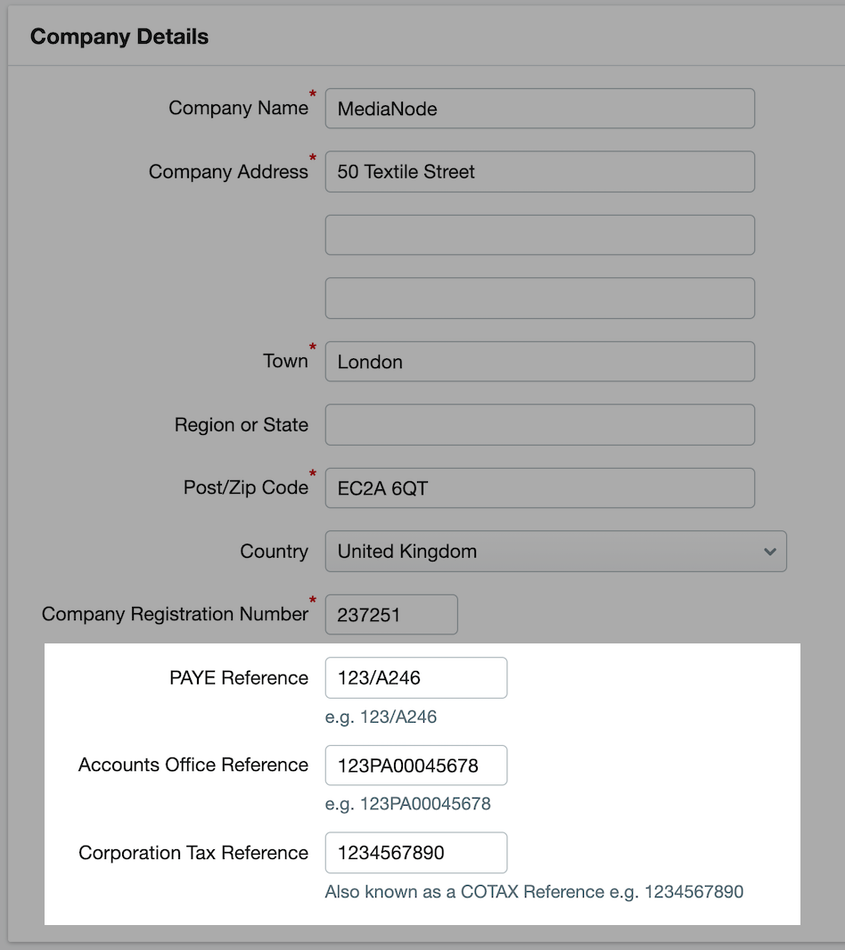 PAYE reference, Accounts Office reference and Corporation tax reference highlighted in company details section.