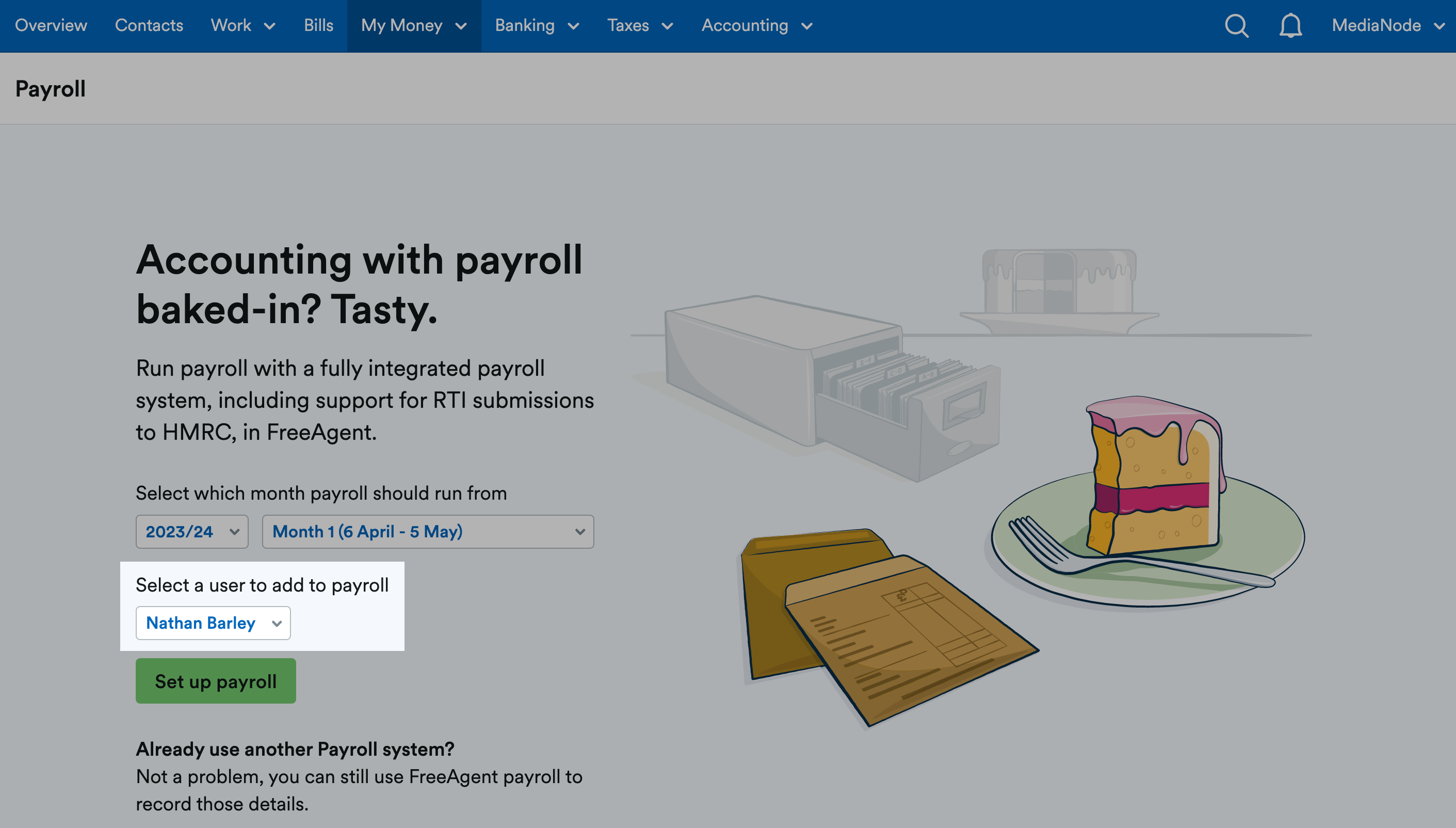 Options to select a user to add to payroll on payroll page.