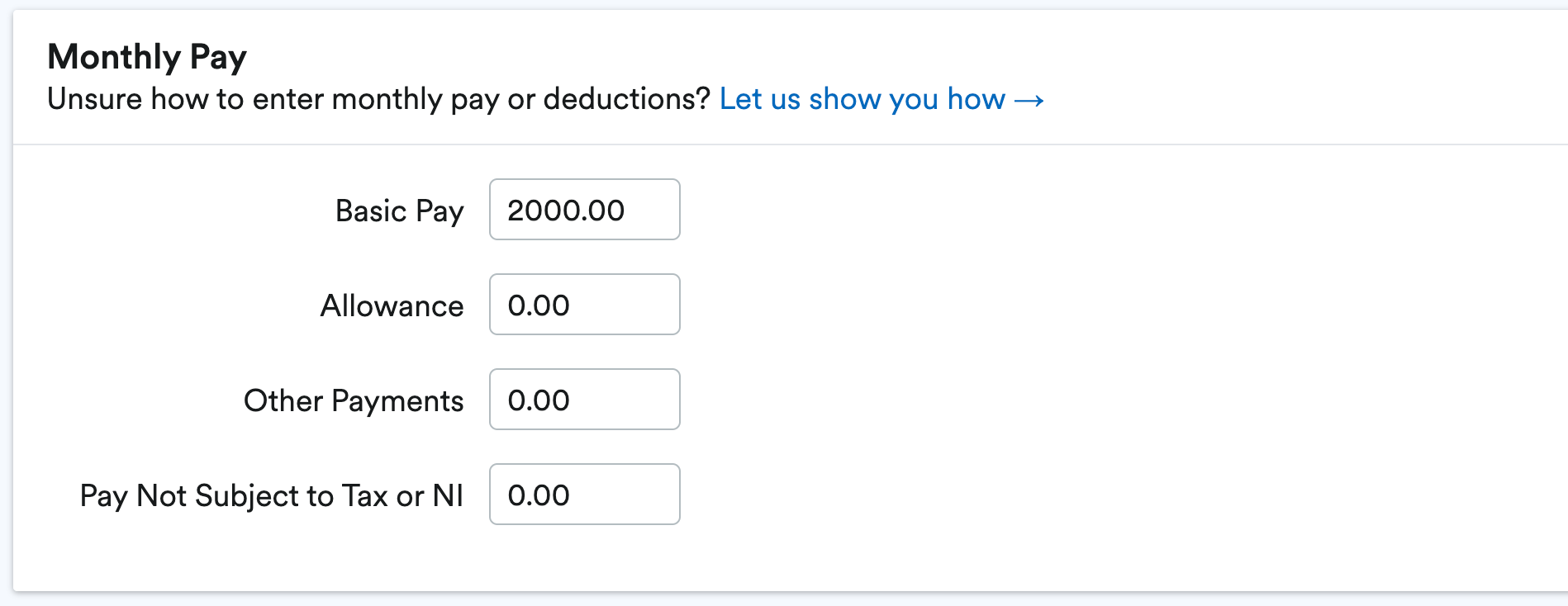 Monthly pay section with Basic pay, allowance, other payments and pay not subject to tax or NI.