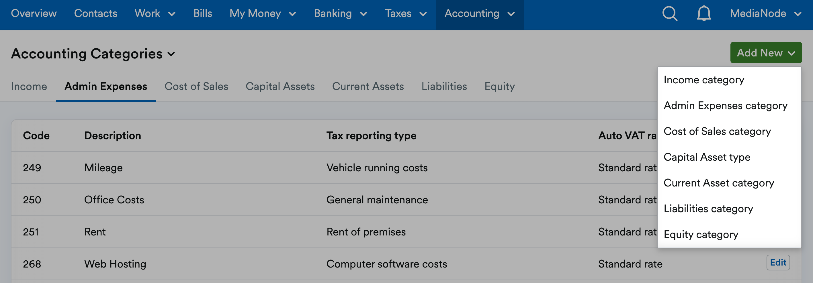 List of new accounting categories highlighted