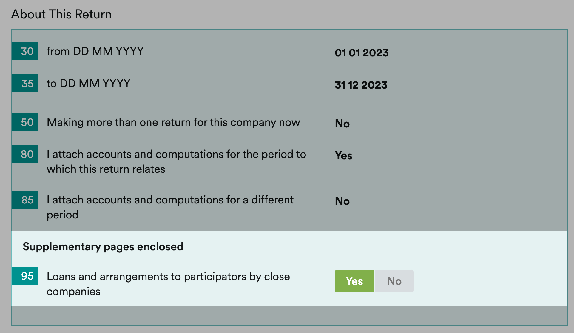 Box 95 with 'Yes' selected to enable CT600A page.