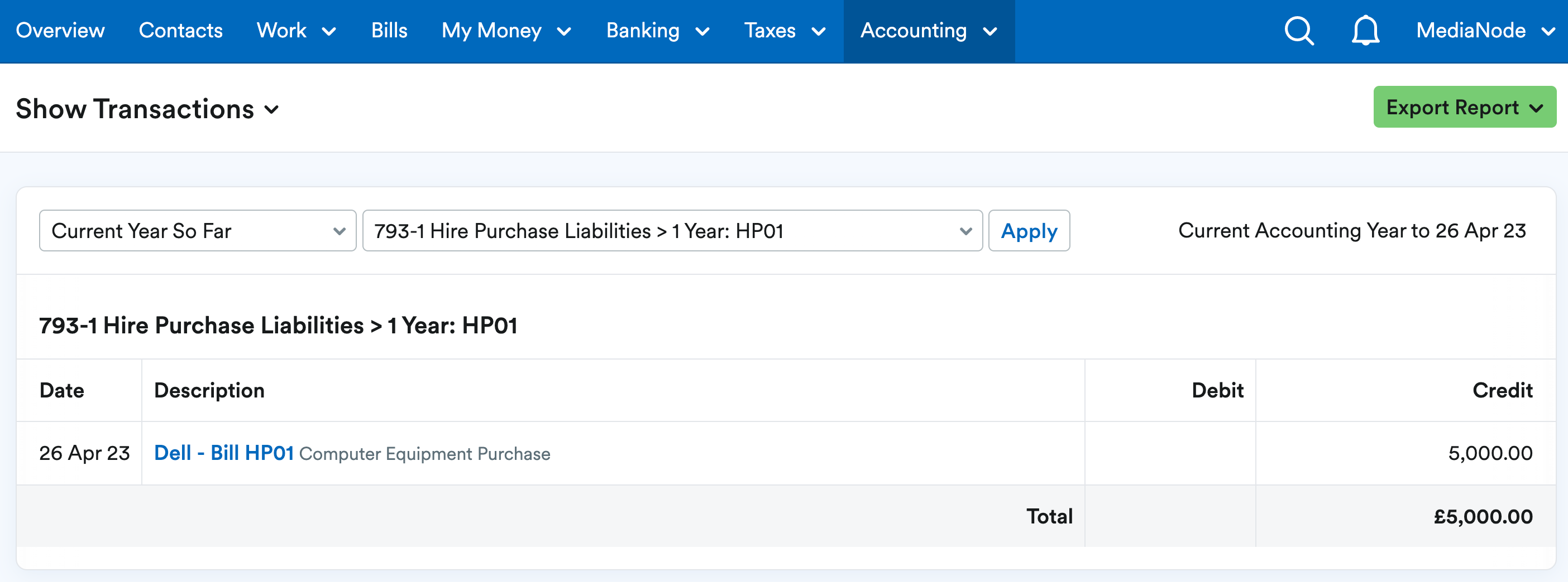 Hire purchase liability showing in the Show Transactions report