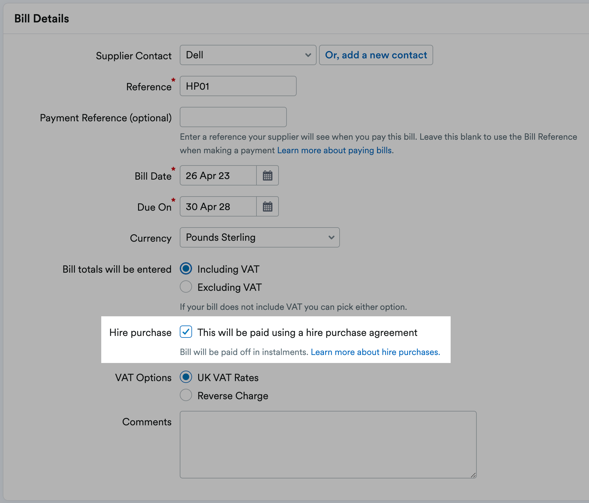 Hire Purchase checkbox on a bill