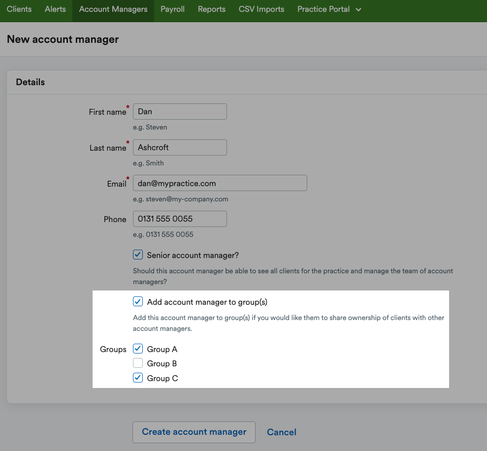 Account manager groups details highlighted