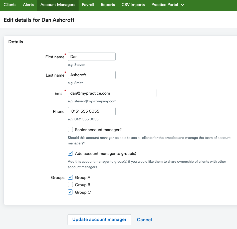Account manager's details section