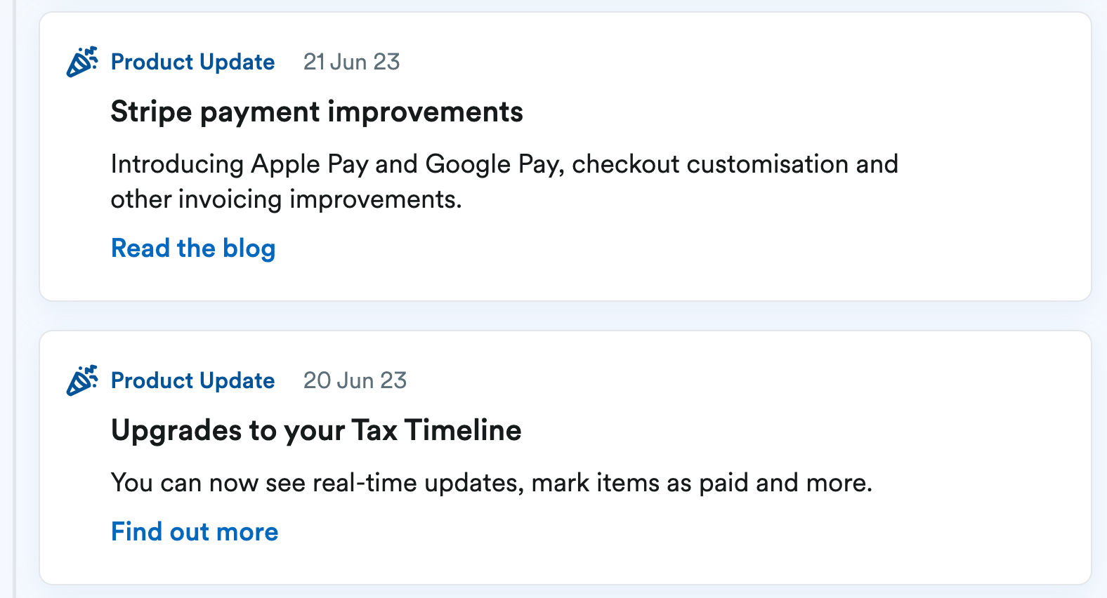 Product update notifications in radar feed
