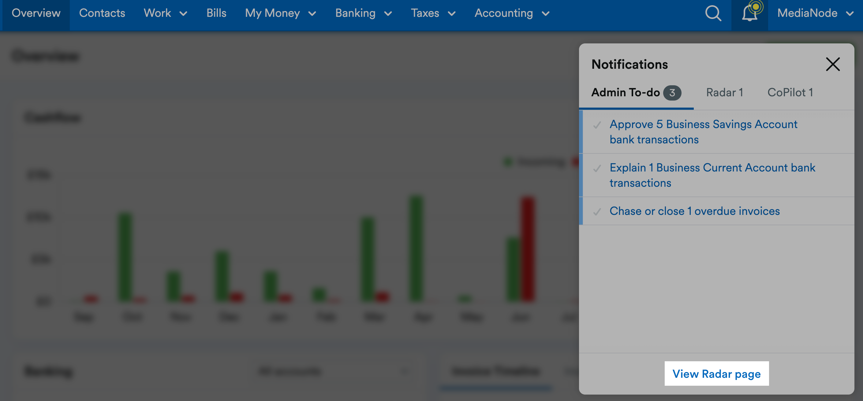 Bell icon opened with View Radar page link highlighted