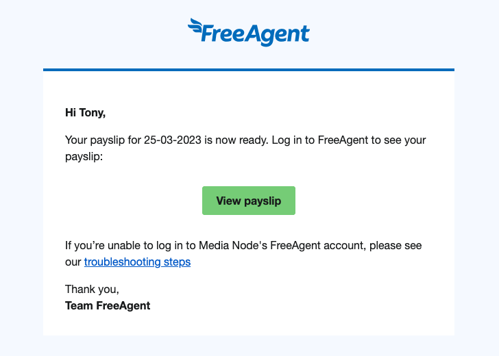 Email that an employee who has logged into FreeAgent will receive