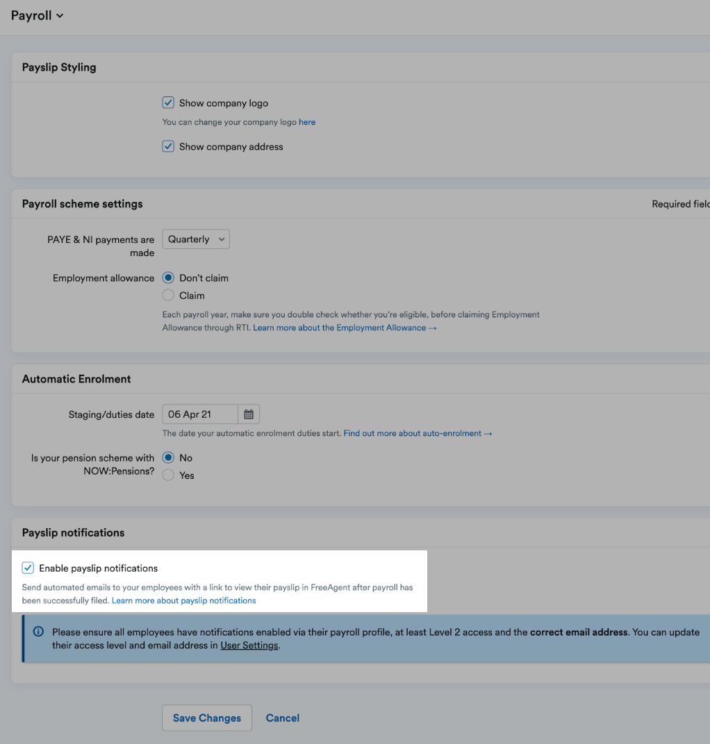 Email payslip notifications – FreeAgent