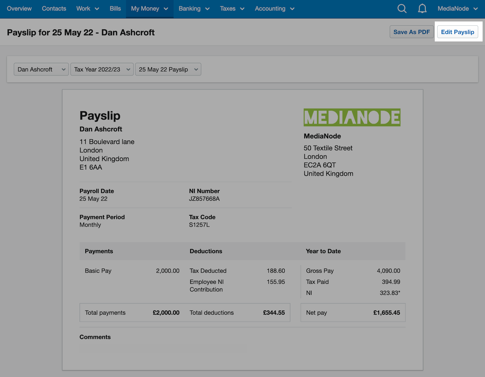 'Edit Payslip' button highlighted above payslip.