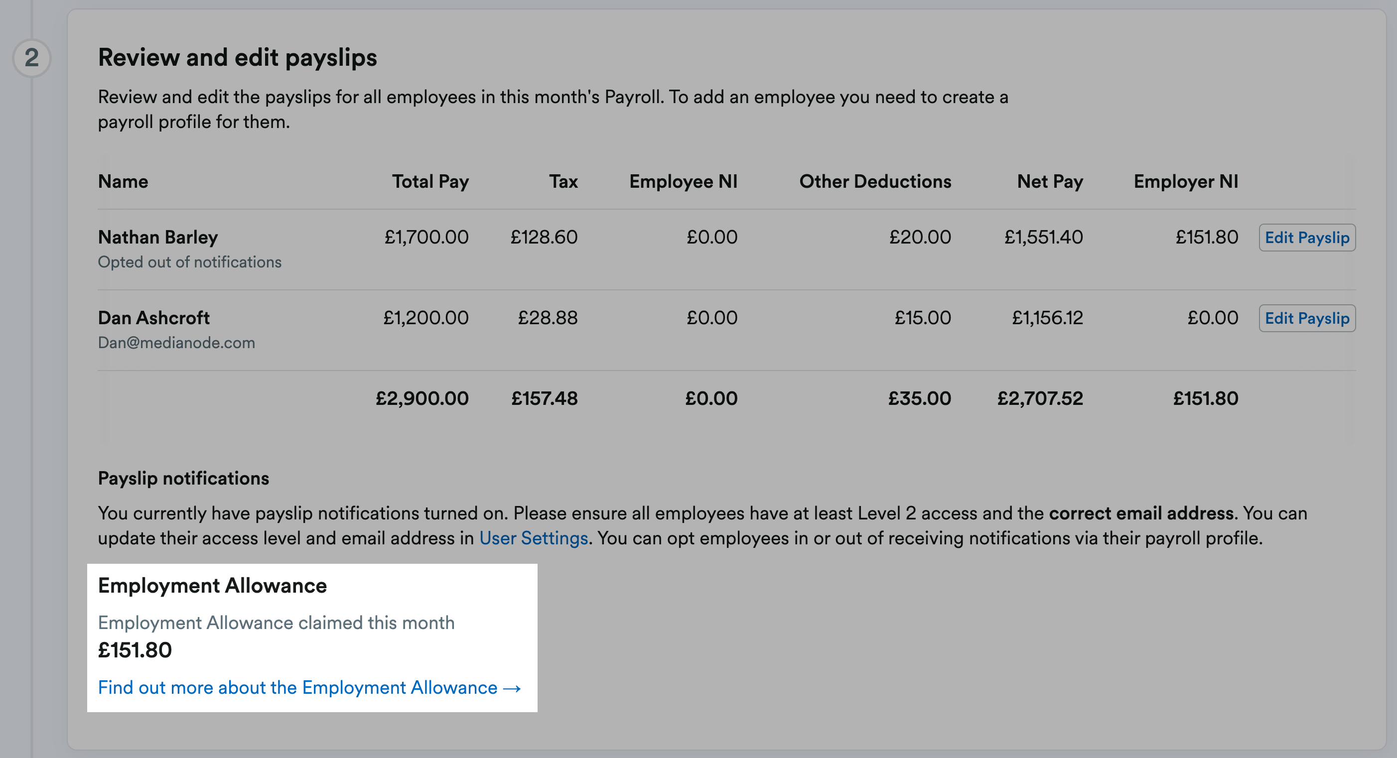 Employment Allowance amount displayed.
