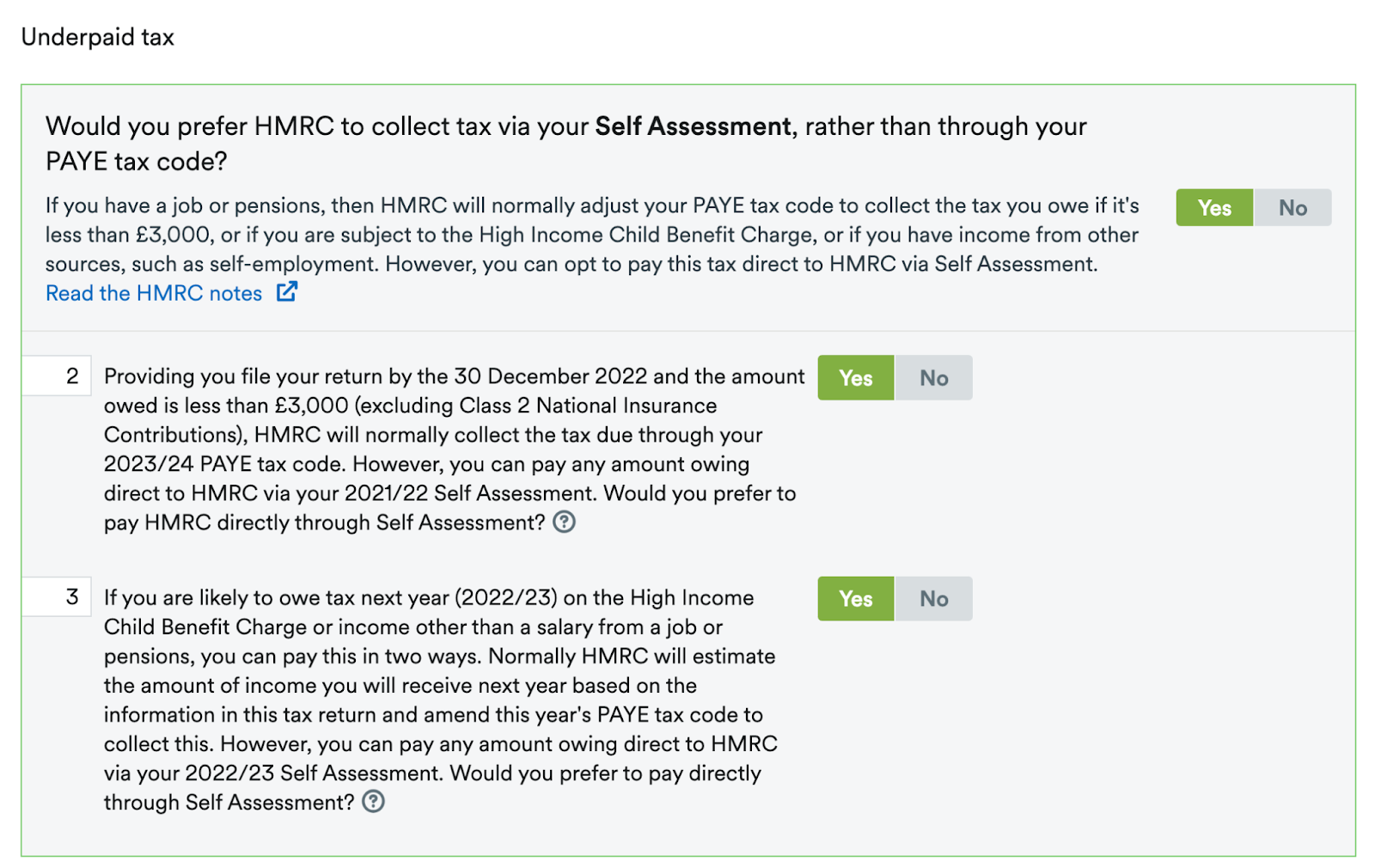 'Underpaid Tax' area of the Main Return page.
