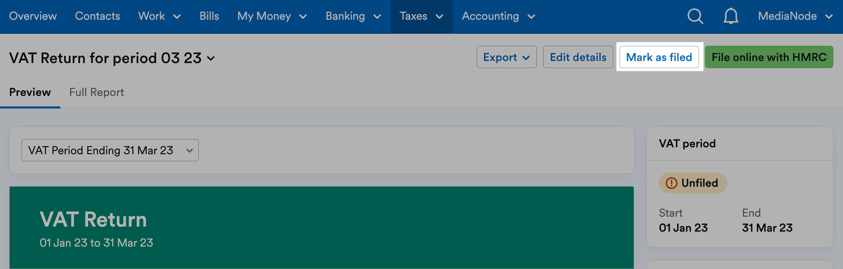 Mark as filed button highlighted