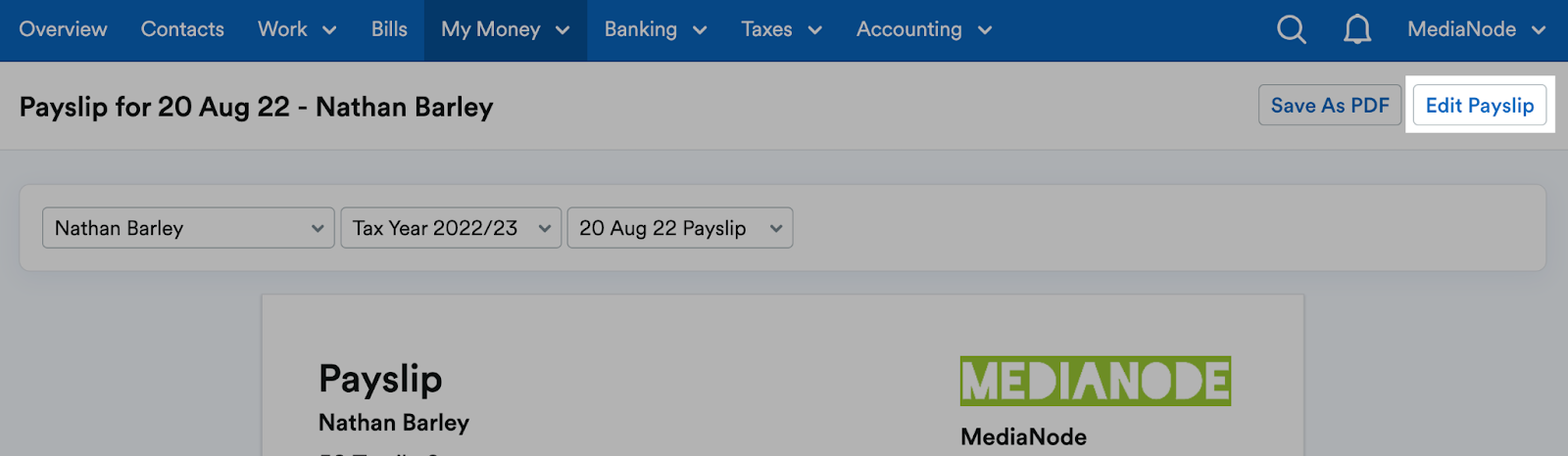 'Edit payslip' button highlighted at top of payslip.
