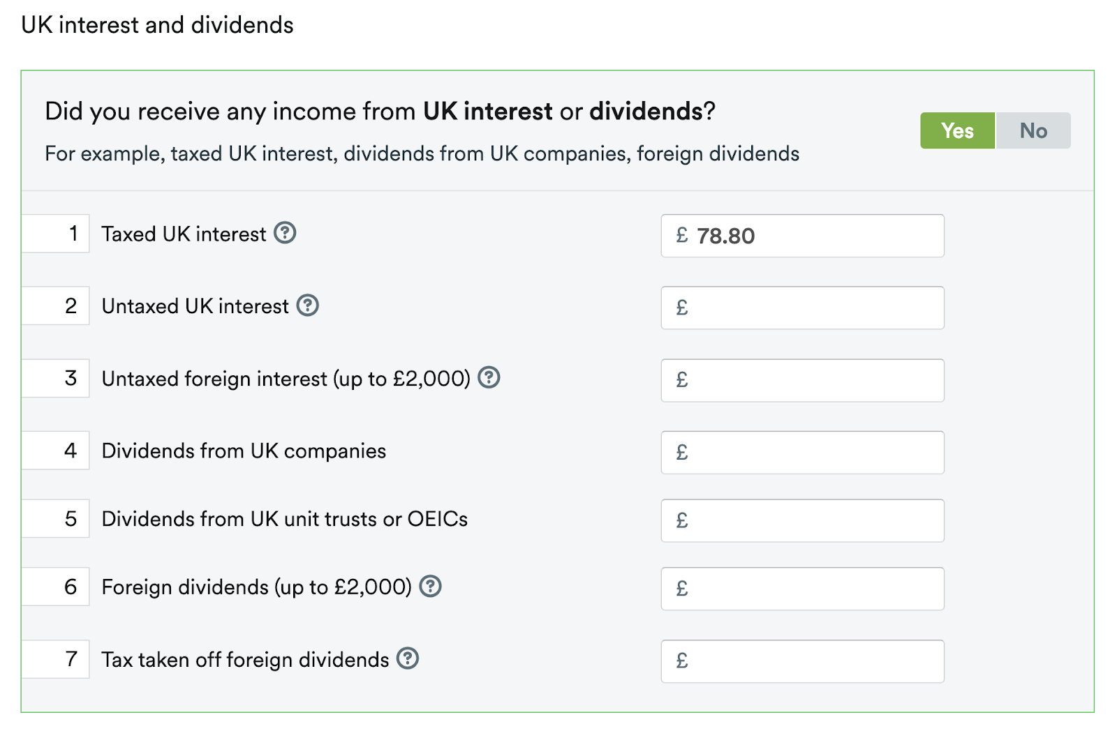 'Yes' button highlighted in UK interest and dividends section to reveal further questions.