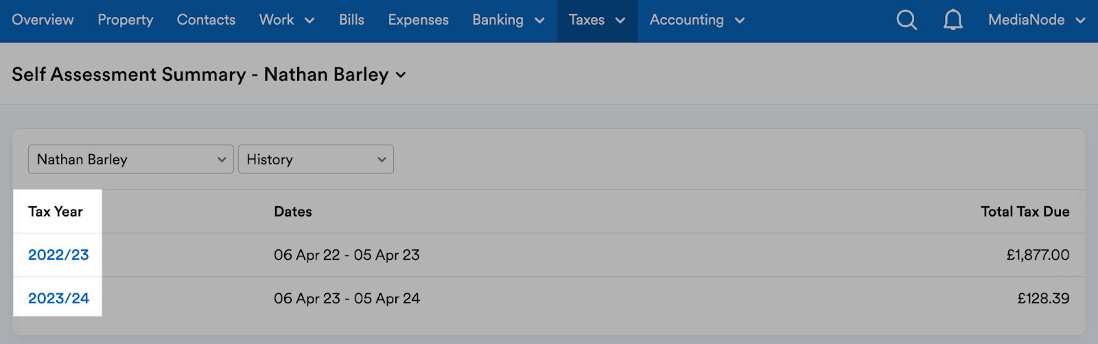 Tax year column highlighted on Self Assessment Summary page.