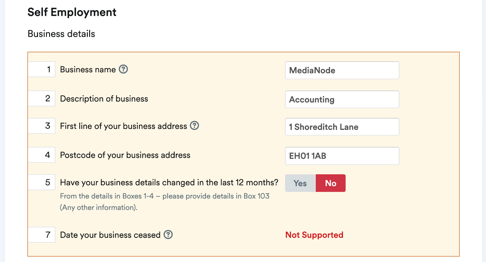 Business details section of self-employment page