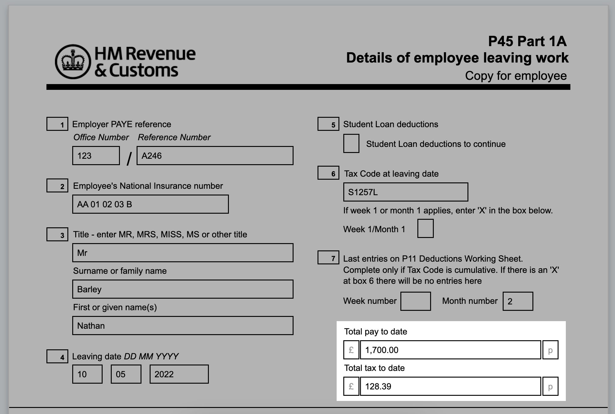 Total pay and tax to date highlighted on a P45