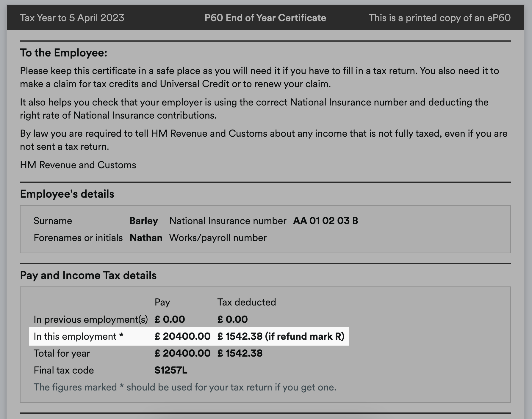 Pay and tax highlighted on a P60